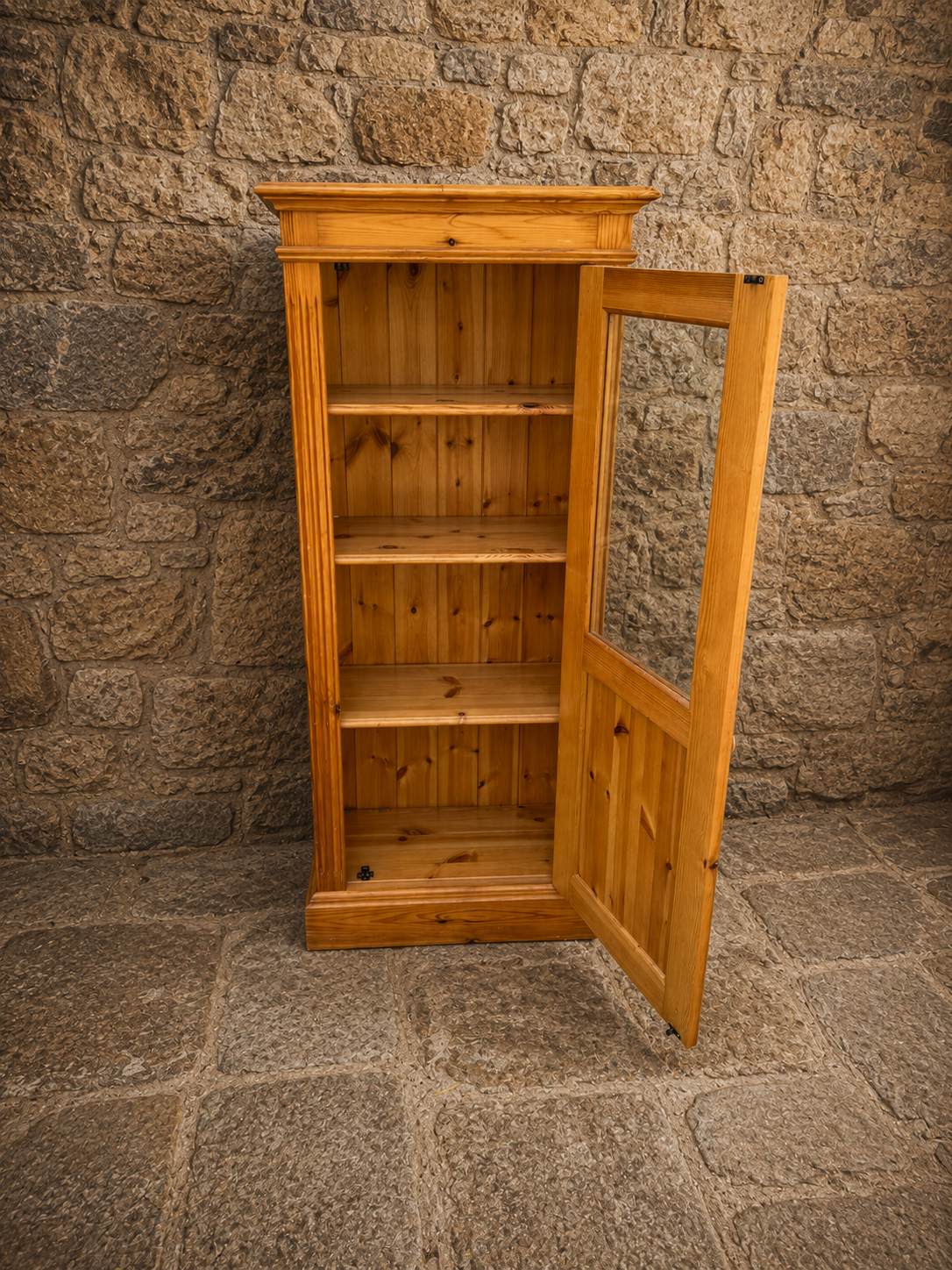 Vintage Pine Display Cabinet | Rustic Farmhouse Glazed Bookcase | Narrow Country Storage Cabinet | Cottage Pine Cupboard