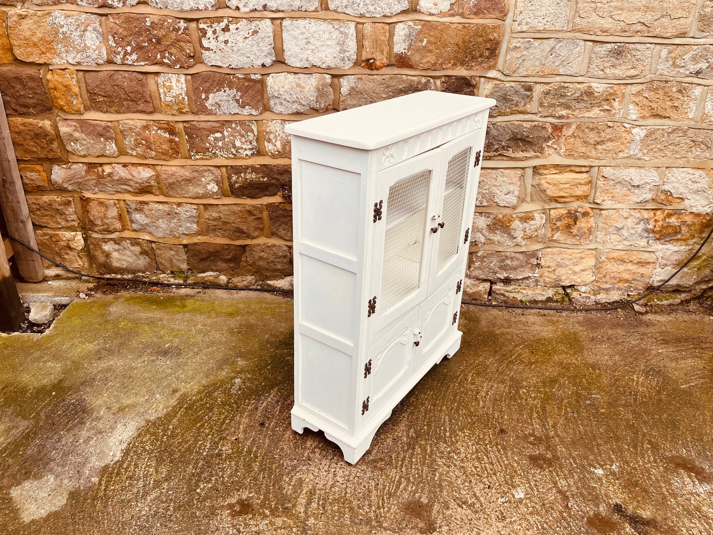 Vintage Farmhouse Kitchen Cupboard with Wire Mesh Doors