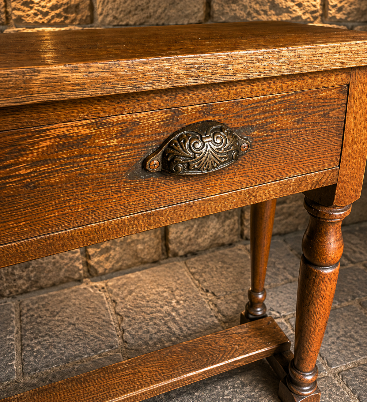 Antique Edwardian Oak Console Table | Solid Oak Two Drawer Hall Table | Arts & Crafts Side Table