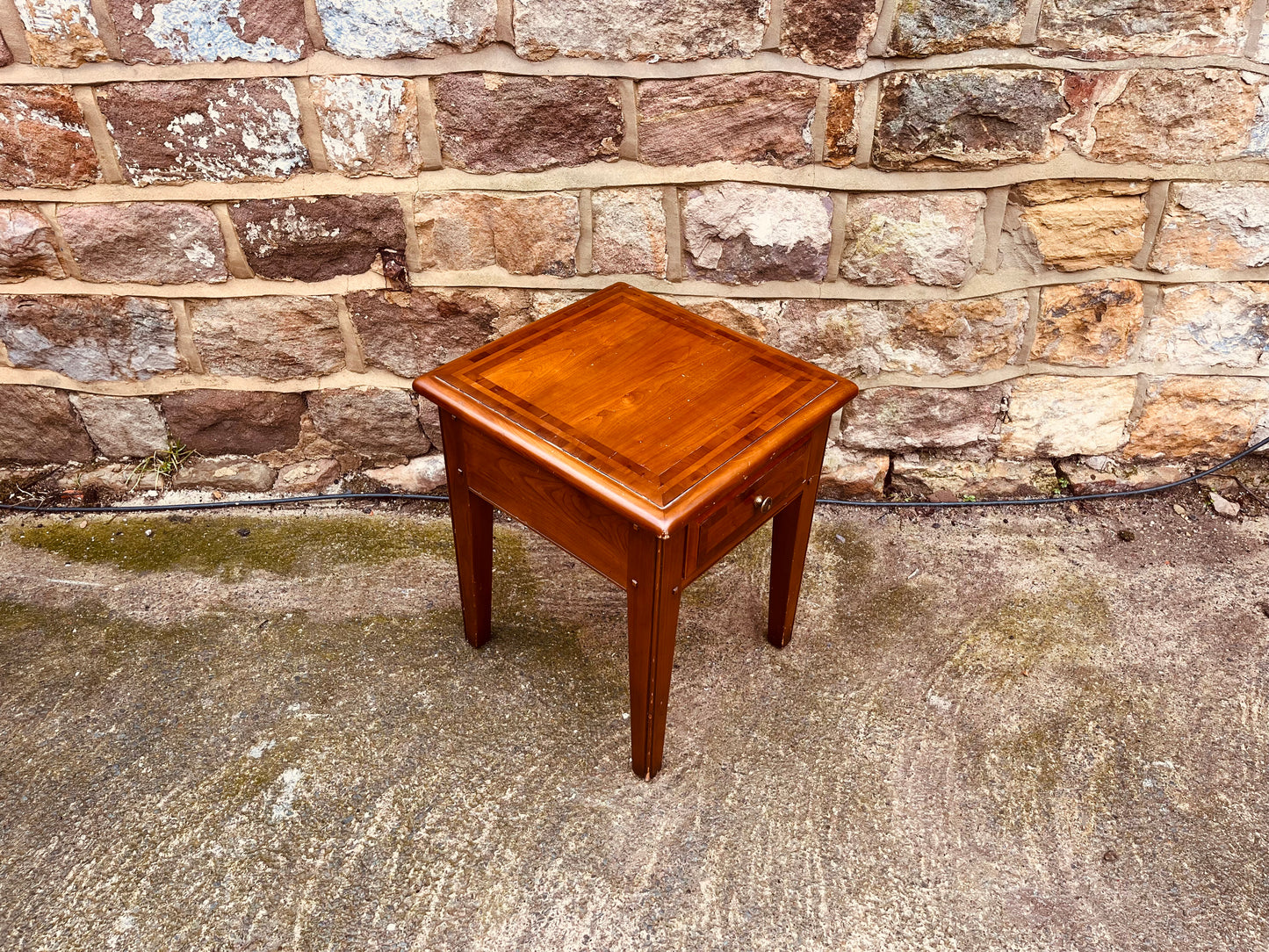 Late 20th Century Solid Wood Bedside Table with Inlaid Top – Vintage Side Table