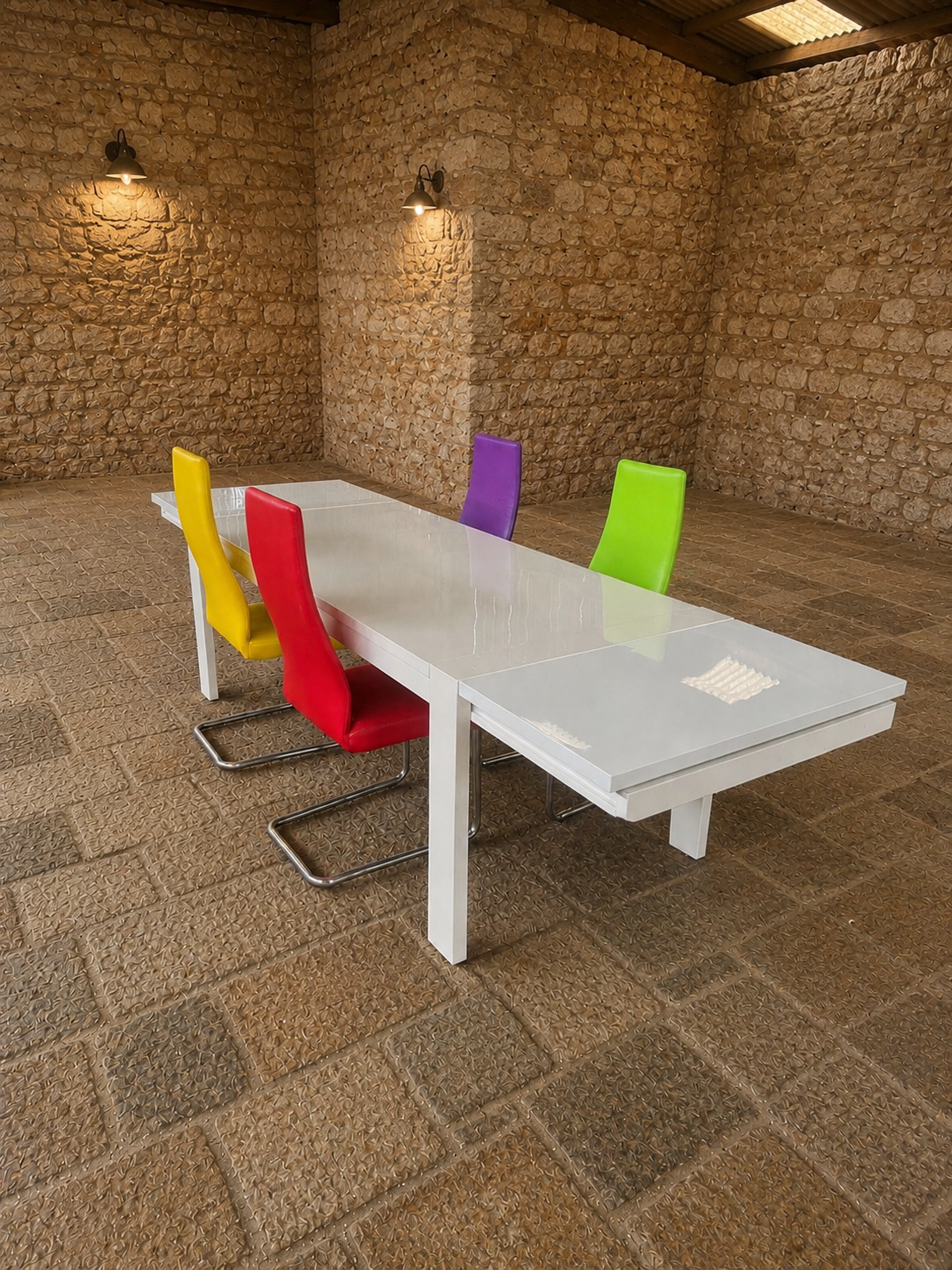 Modern High Gloss Extending Dining Table & Colour Cantilever Chair Set
