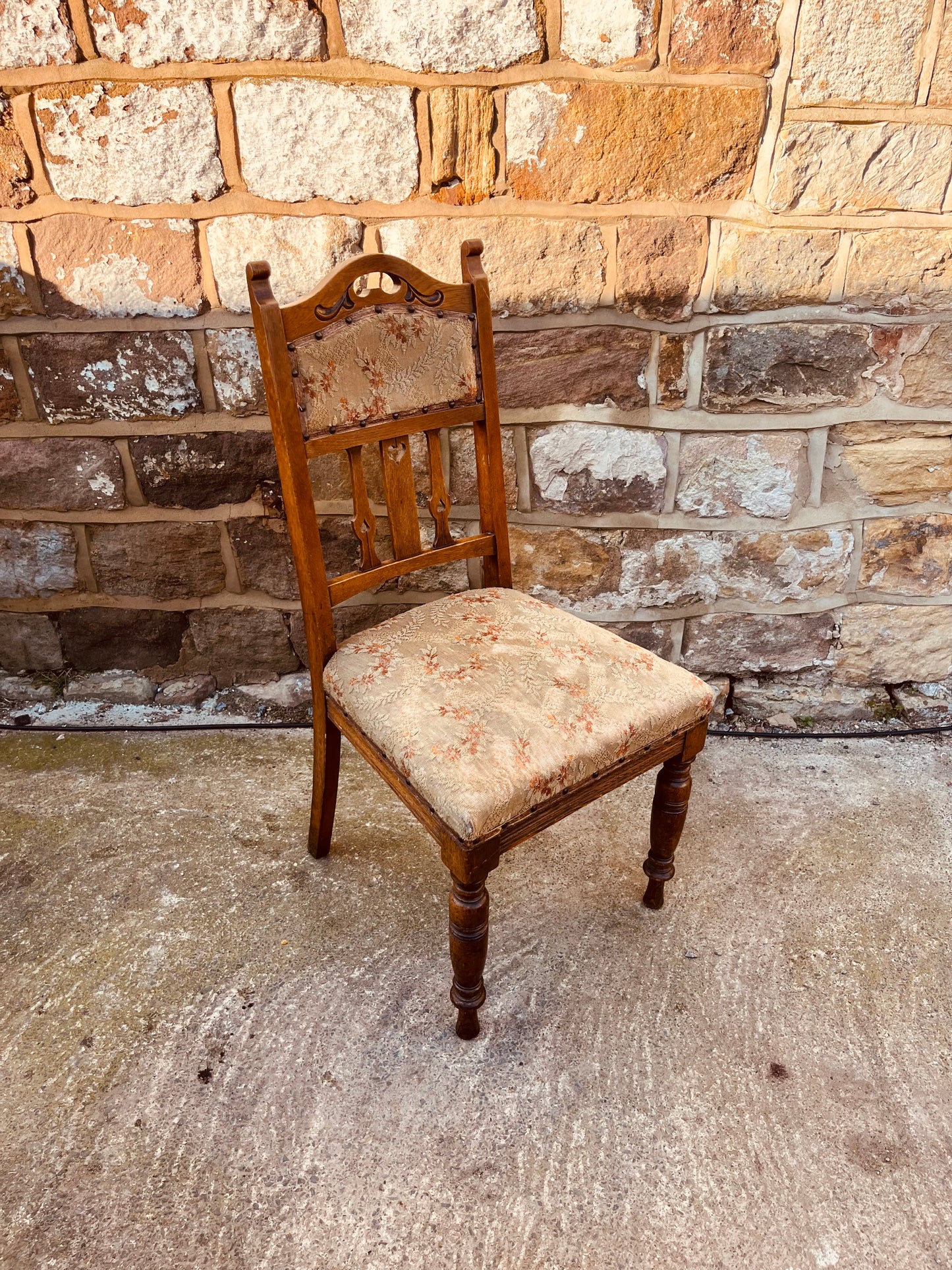Antique Edwardian Oak Dining Chair – Upholstered Seat & Back, Carved Detail Hall Chair, Victorian Style Side Chair