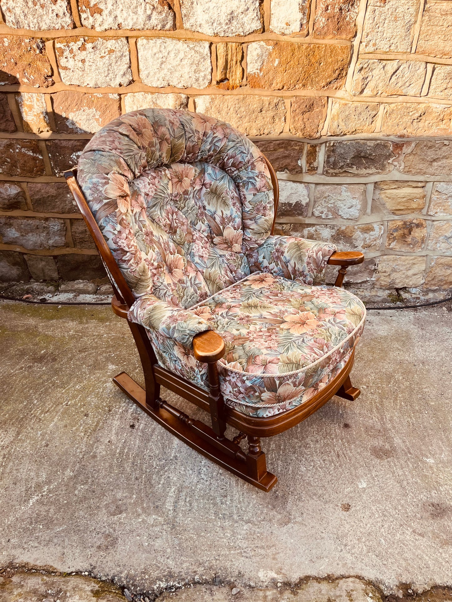 Vintage Upholstered Rocking Armchair – Floral Tapestry Wooden Rocker