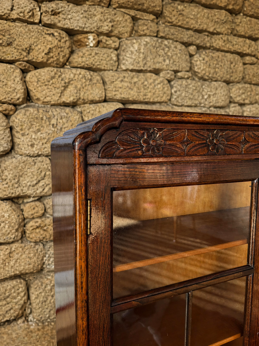 1930s Oak Glazed Bookcase | Vintage Display Cabinet with Carved Detail