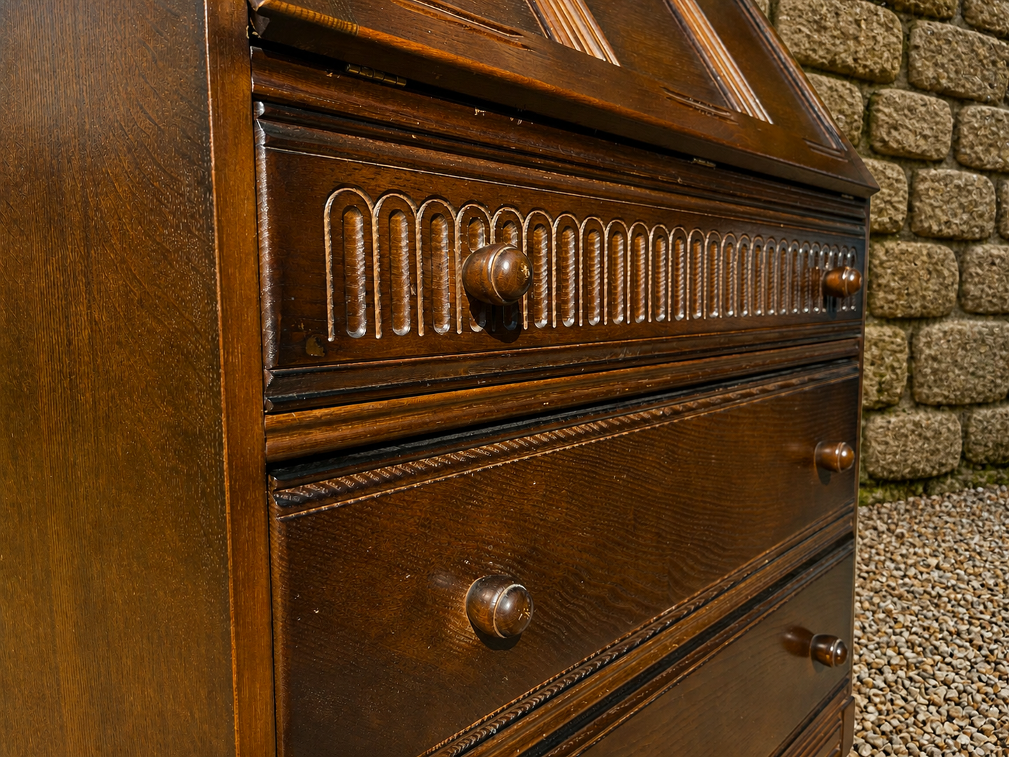 Vintage Oak Writing Bureau Desk – Georgian Style Mid Century Fall Front Secretary with Storage