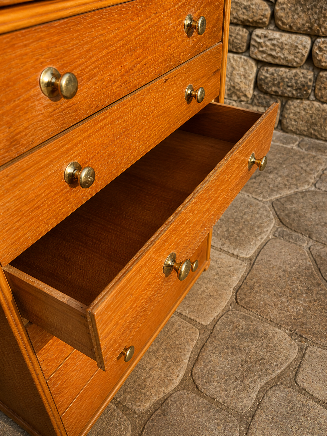Mid Century Oak Chest of Drawers – 7 Drawer Tallboy with Brass Handles, 1960s