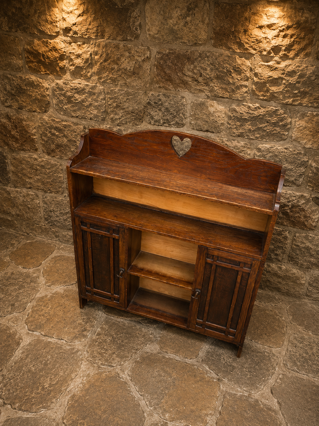 Arts & Crafts Oak Heart Cut-Out Dresser Top Cabinet c.1900–1920