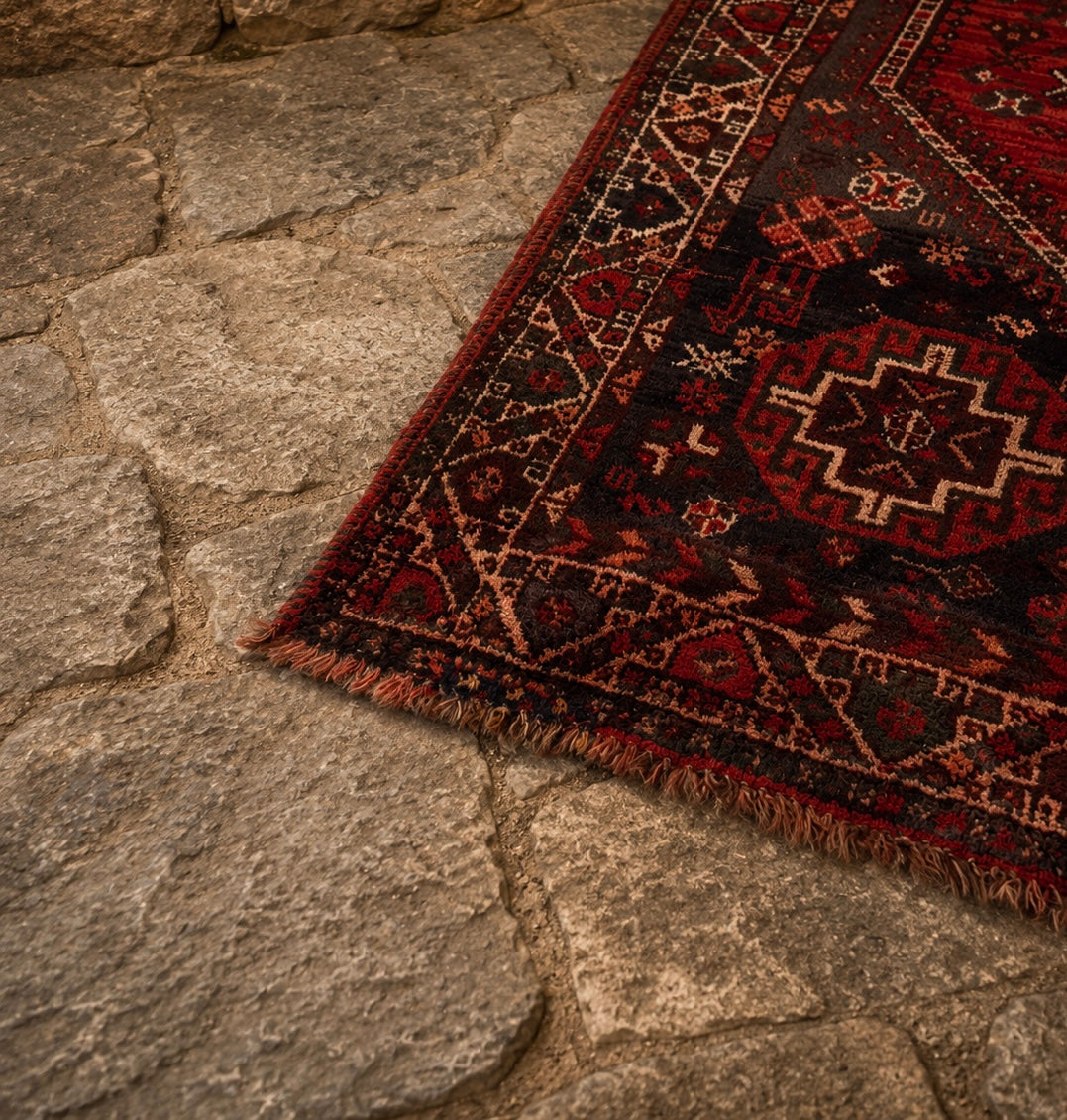 Vintage Hand-Knotted Afghan Tribal Rug | Red Geometric Wool Area Rug | Persian Style Carpet c.1960–1980