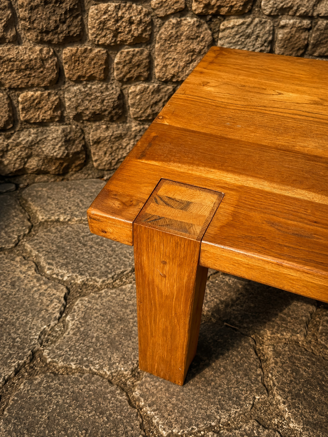 Vintage Brutalist Oak Side Table – Rustic 1970s Artisan Coffee Table