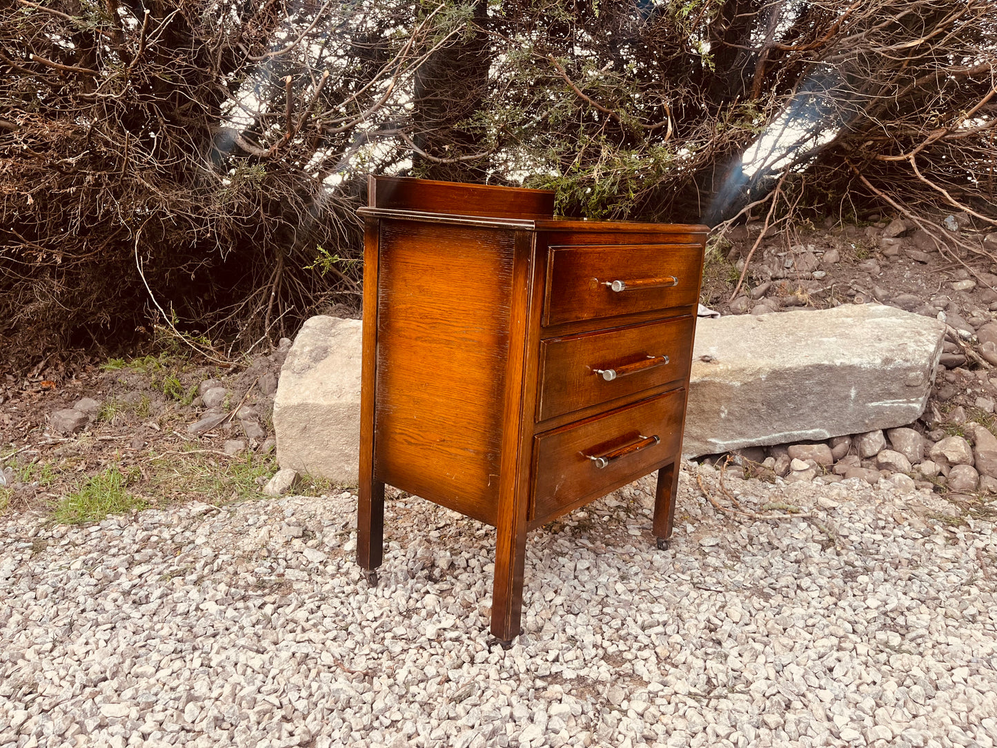 Mid Century Oak Bedside Table with Three Drawers