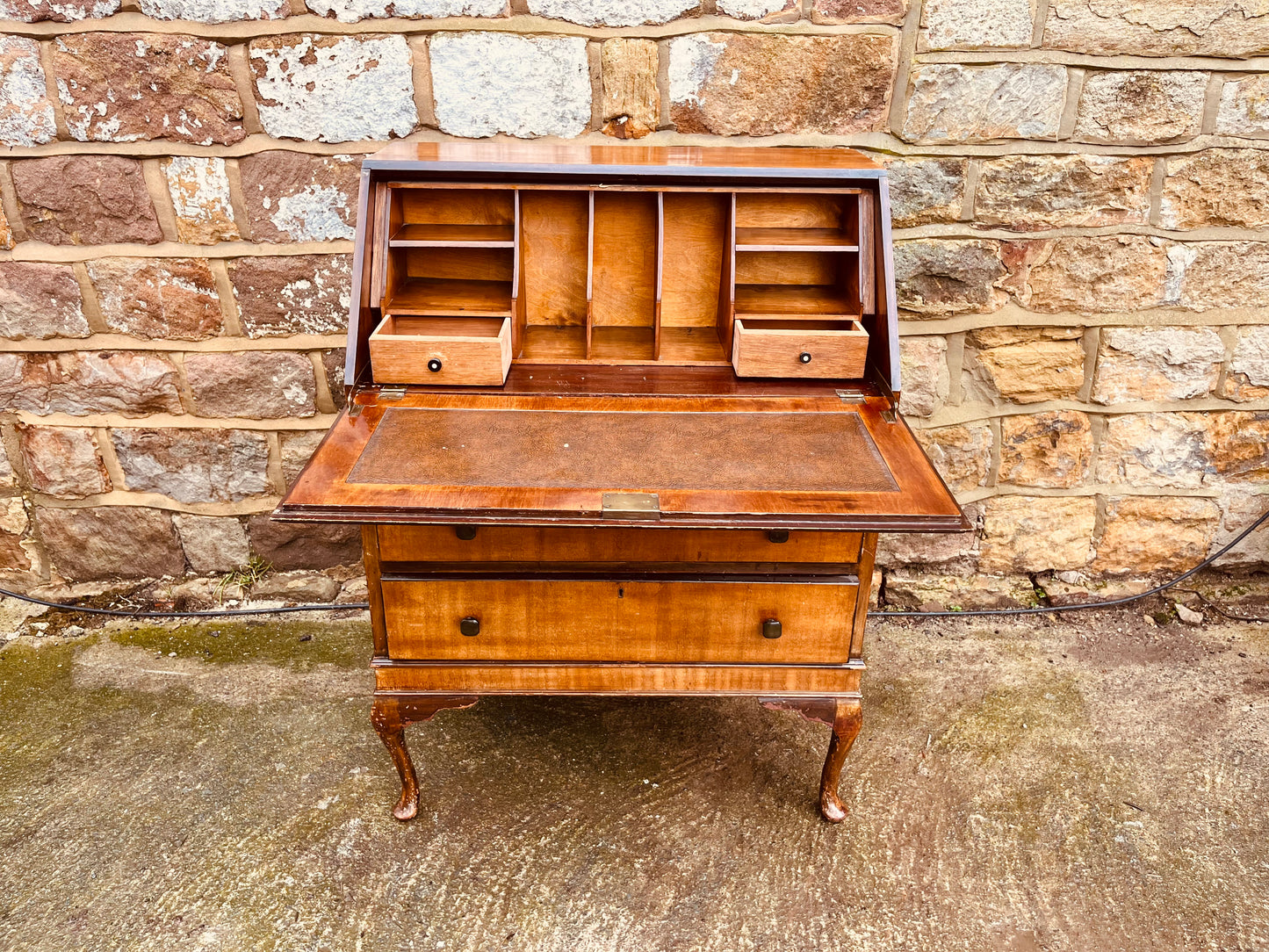1930s Queen Anne Style Walnut Bureau Desk – Vintage Fall Front Writing Desk
