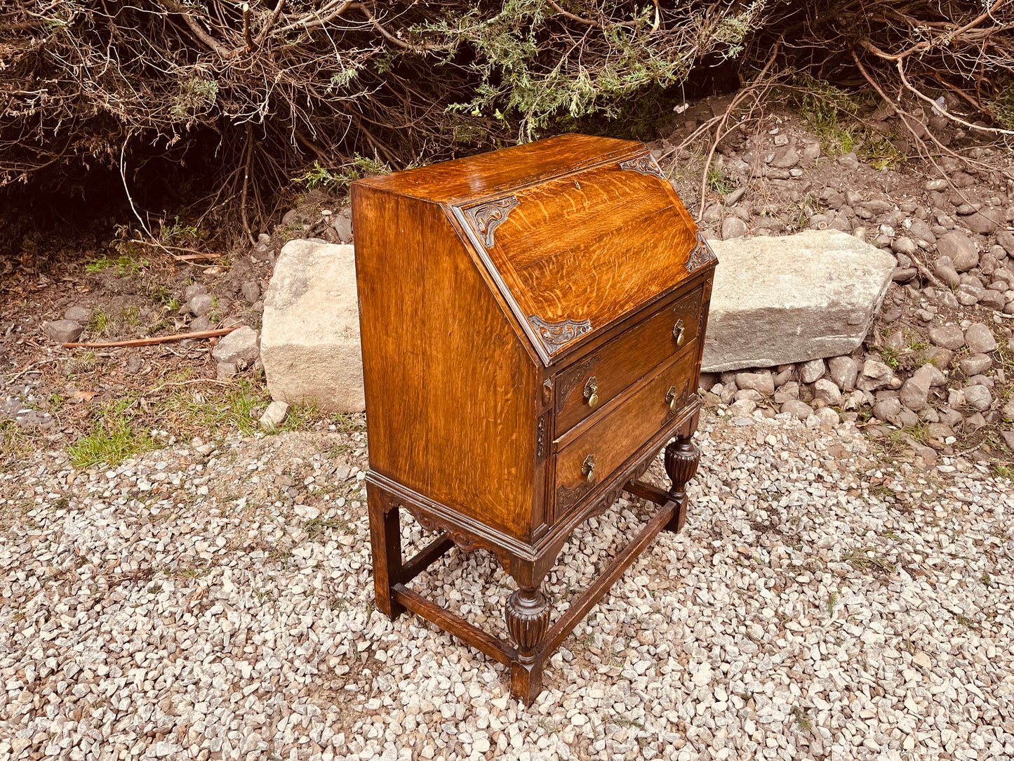 Antique Edwardian Tiger Oak Bureau Writing Desk