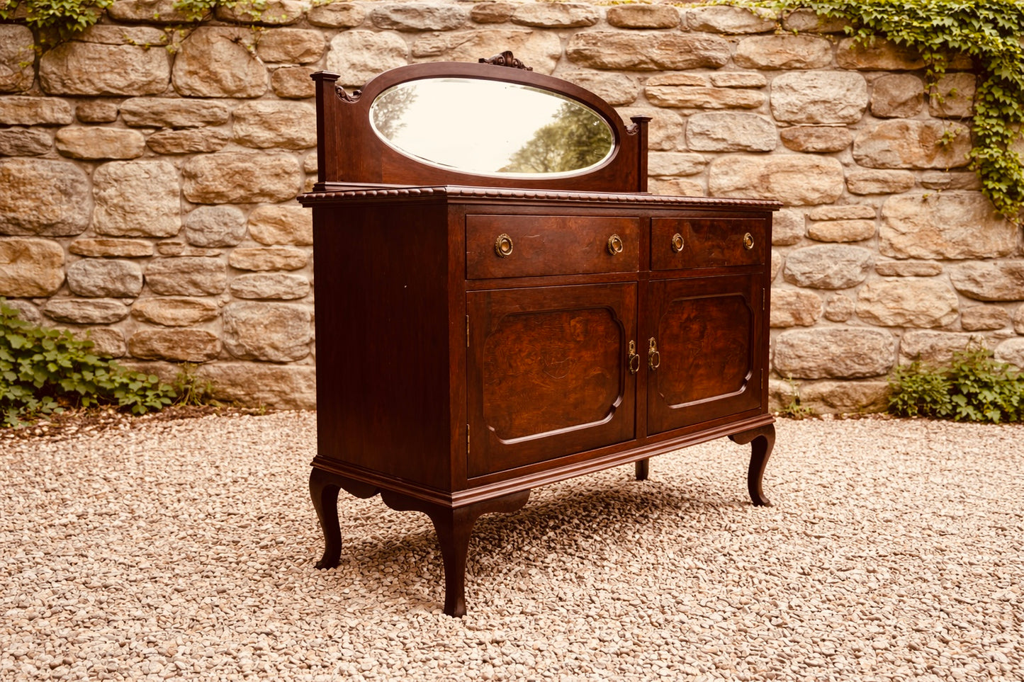 1920s Serpentine Walnut Sideboard with Mirror Back – Queen Anne Style Cabinet