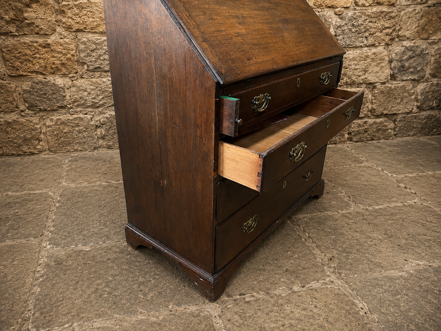 Vintage Oak Georgian Style Bureau Desk with Fitted Interior