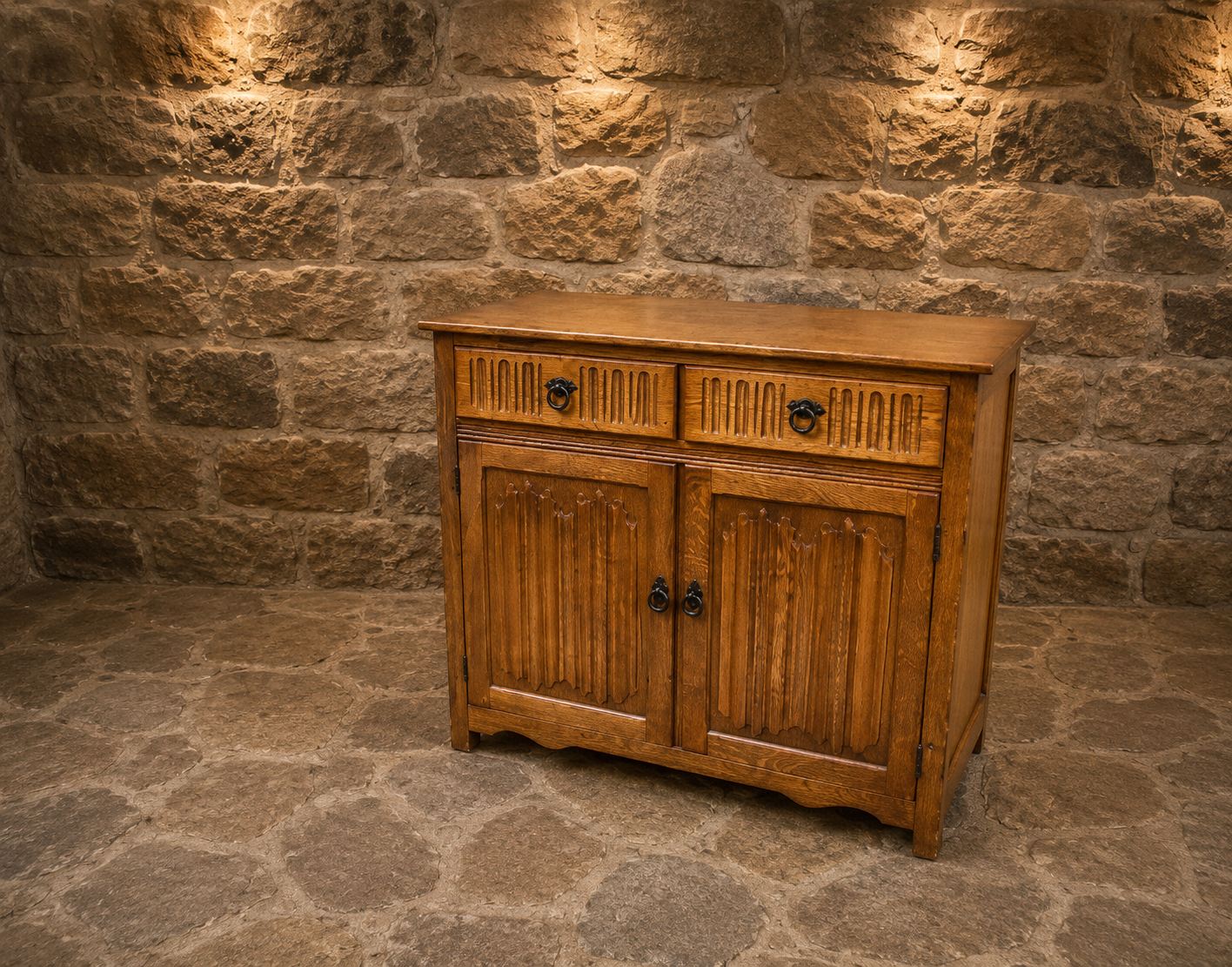 Solid Oak Gothic Revival Sideboard Cabinet with Linenfold Carved Doors c.1970s–1990s