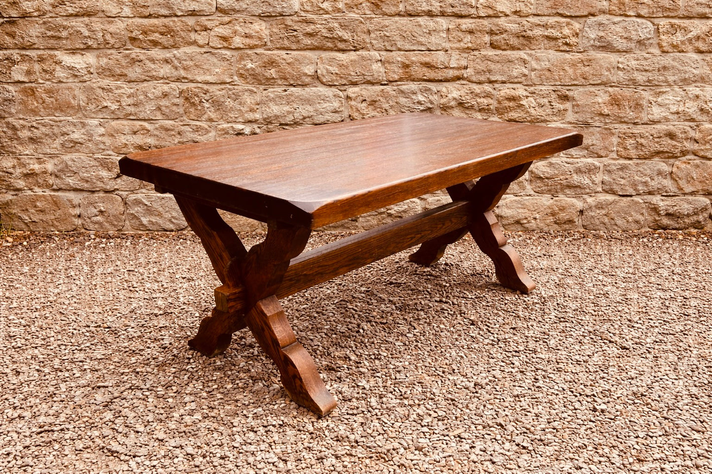 Large Solid Oak Refectory Coffee Table – Rustic X Frame Trestle Base