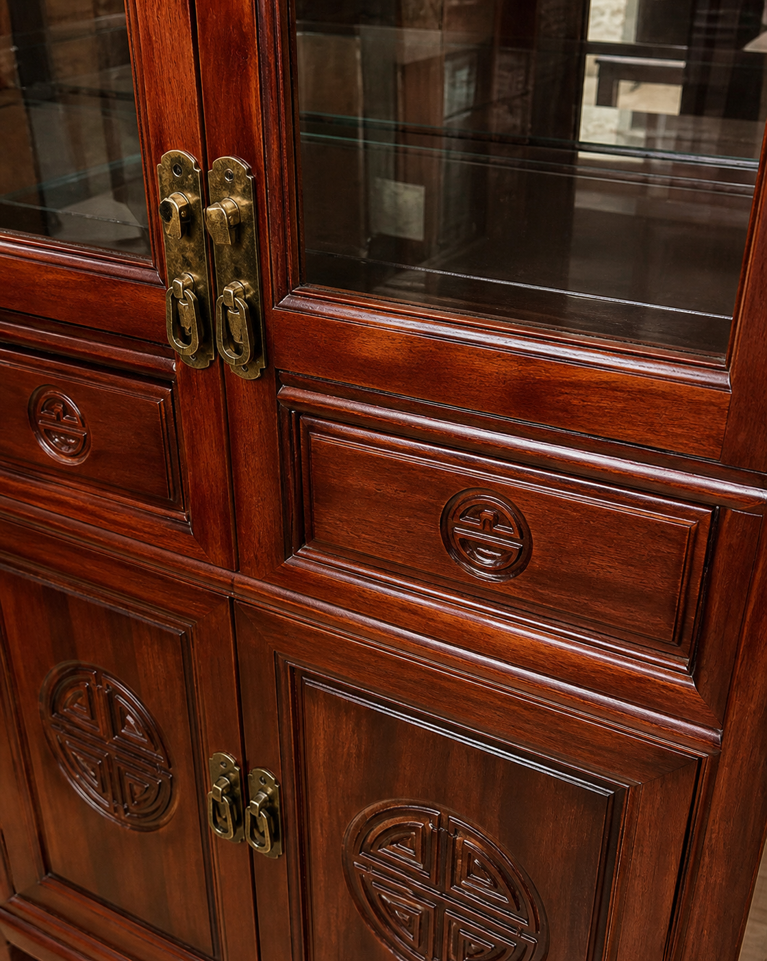 Chinese Hardwood Display Cabinet with Glazed Doors & Storage