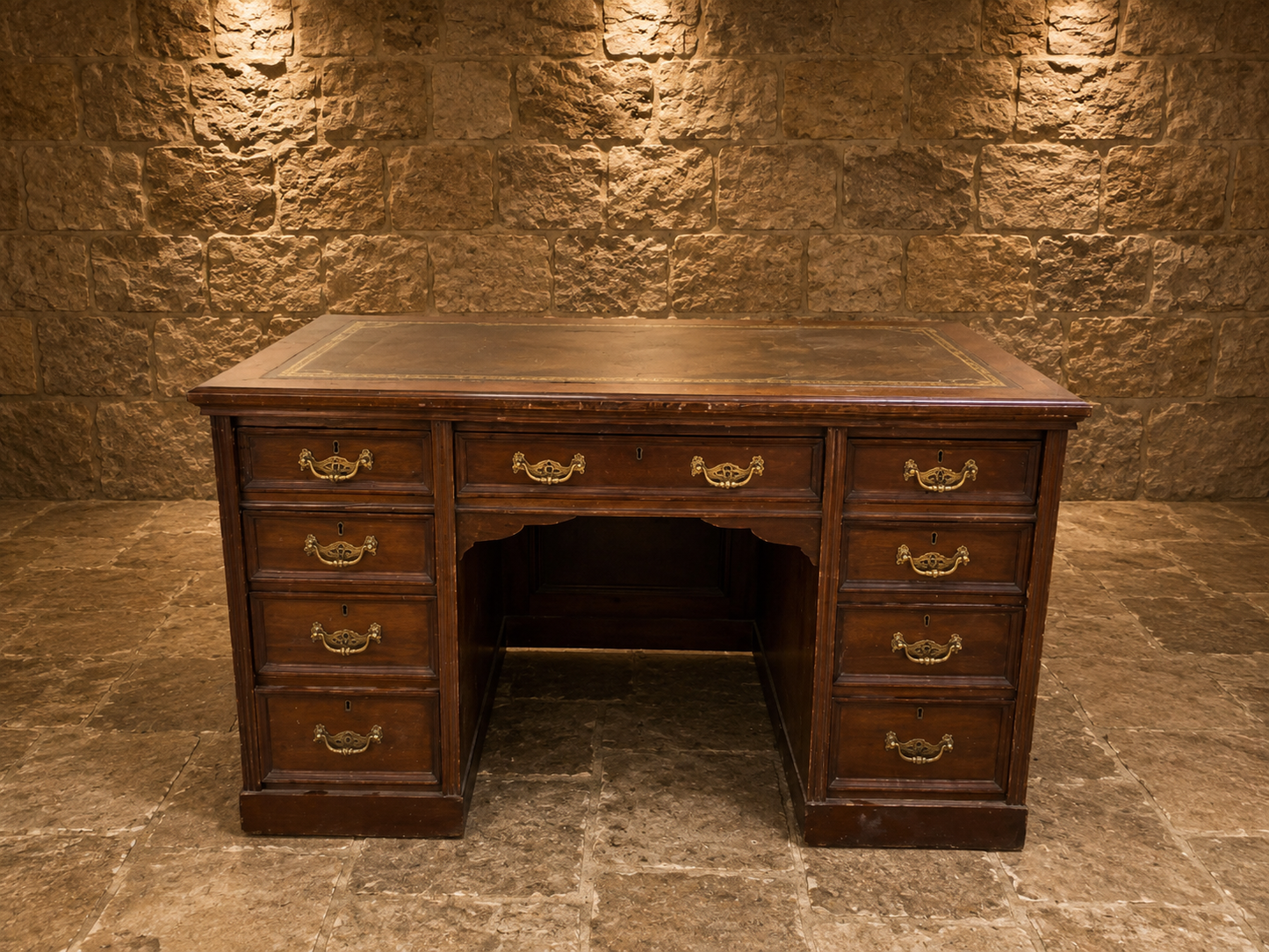Antique Late Victorian Mahogany Pedestal Desk with Gilt Tooled Leather Writing Surface