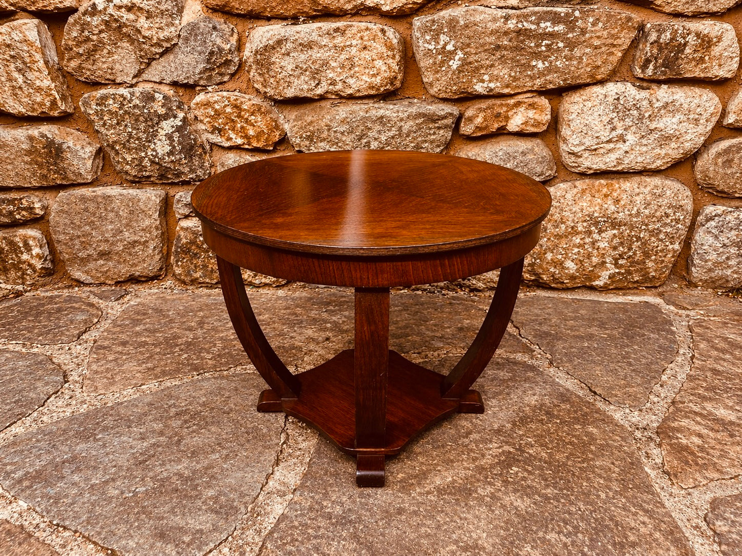 Vintage Oak Art Deco Side Table – Round Tray Top Occasional Table (1930s–1950s)