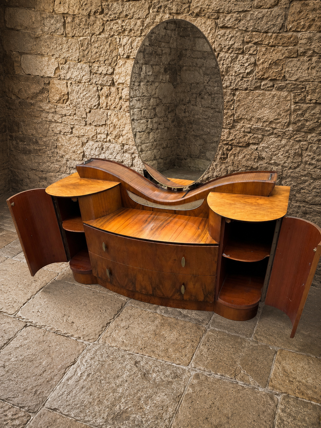 Art Deco Walnut Dressing Table | Vintage Burr Walnut Vanity Unit | 1930s Waterfall Vanity Table | Oval Mirror Dressing Table