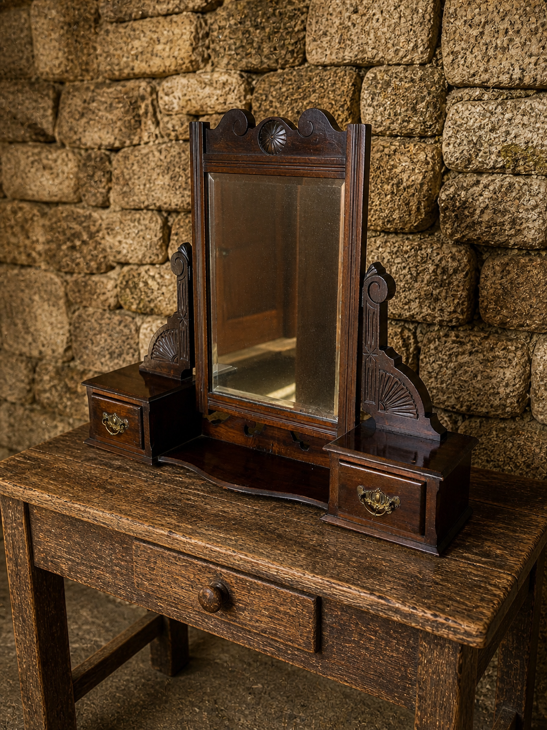 Edwardian Dressing Table Mirror with Drawers – Antique Wooden Vanity Swing Mirror (c.1900)