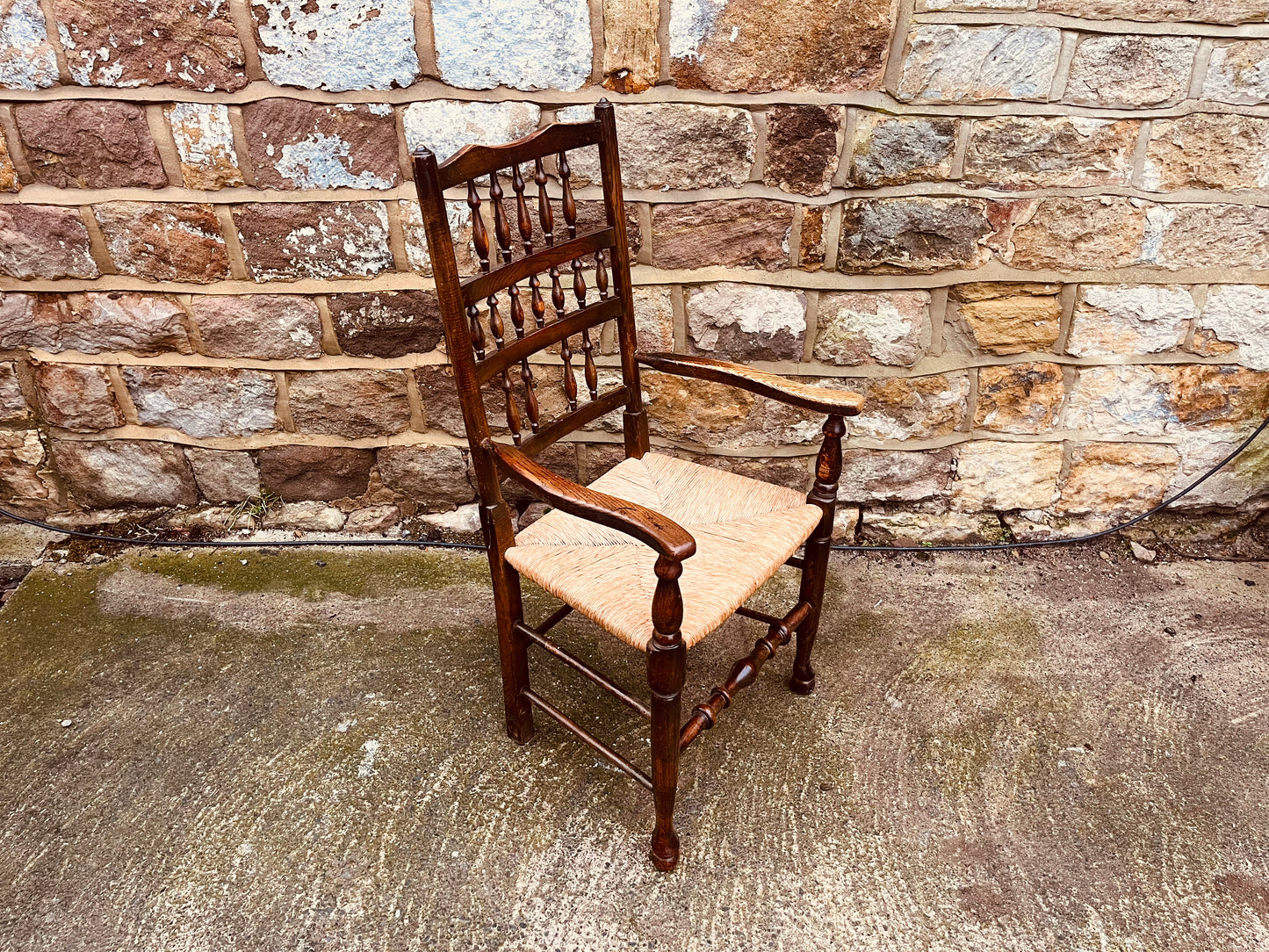 Antique Oak Ladder Back Armchair with Original Rush Seat