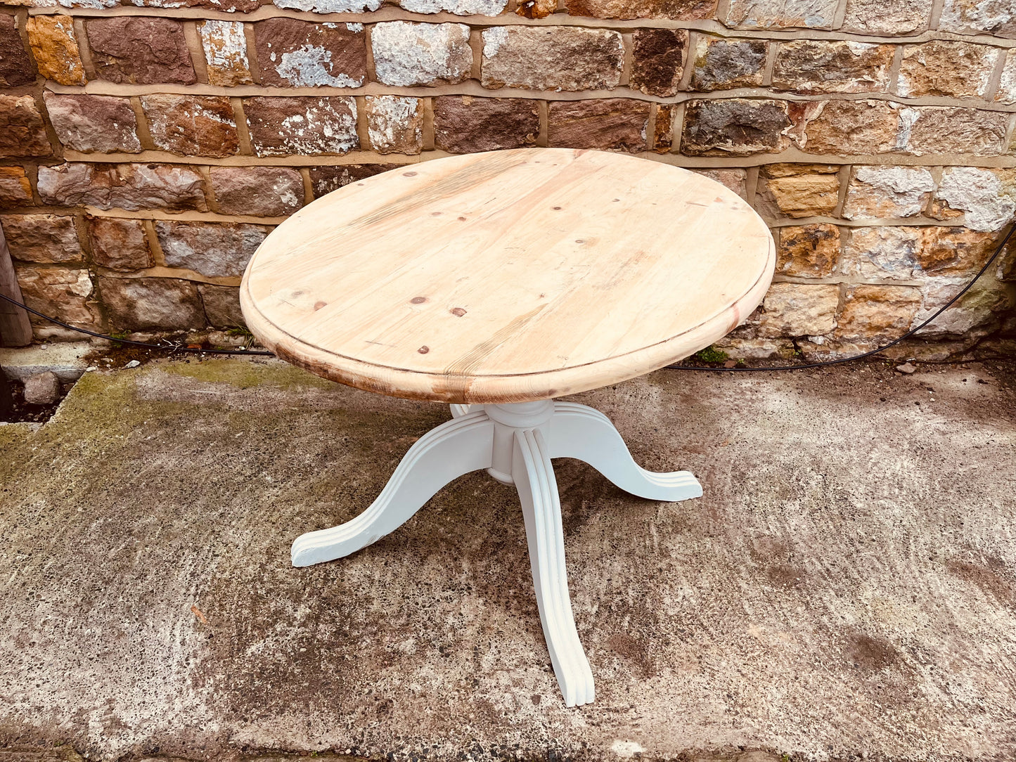 Mid-20th Century Round Solid Wood Pedestal Table | Hand-Painted Base & Natural Top