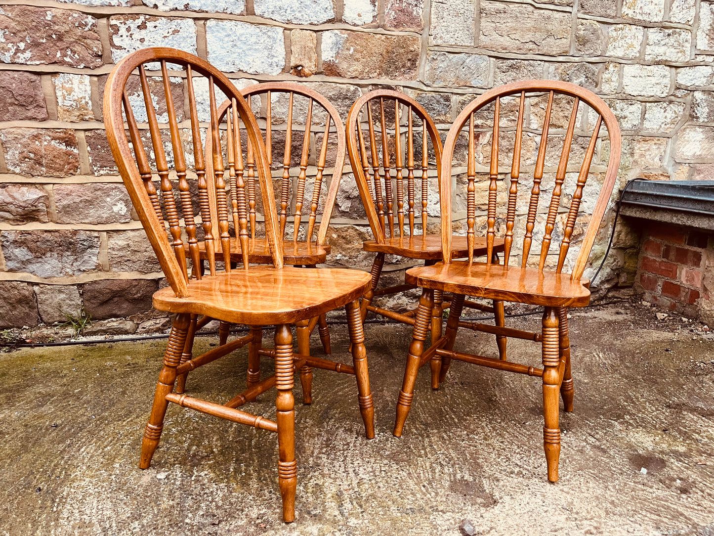 Set of 4 Vintage Spindle Back Farmhouse Dining Chairs – Rustic Wooden Kitchen Seating