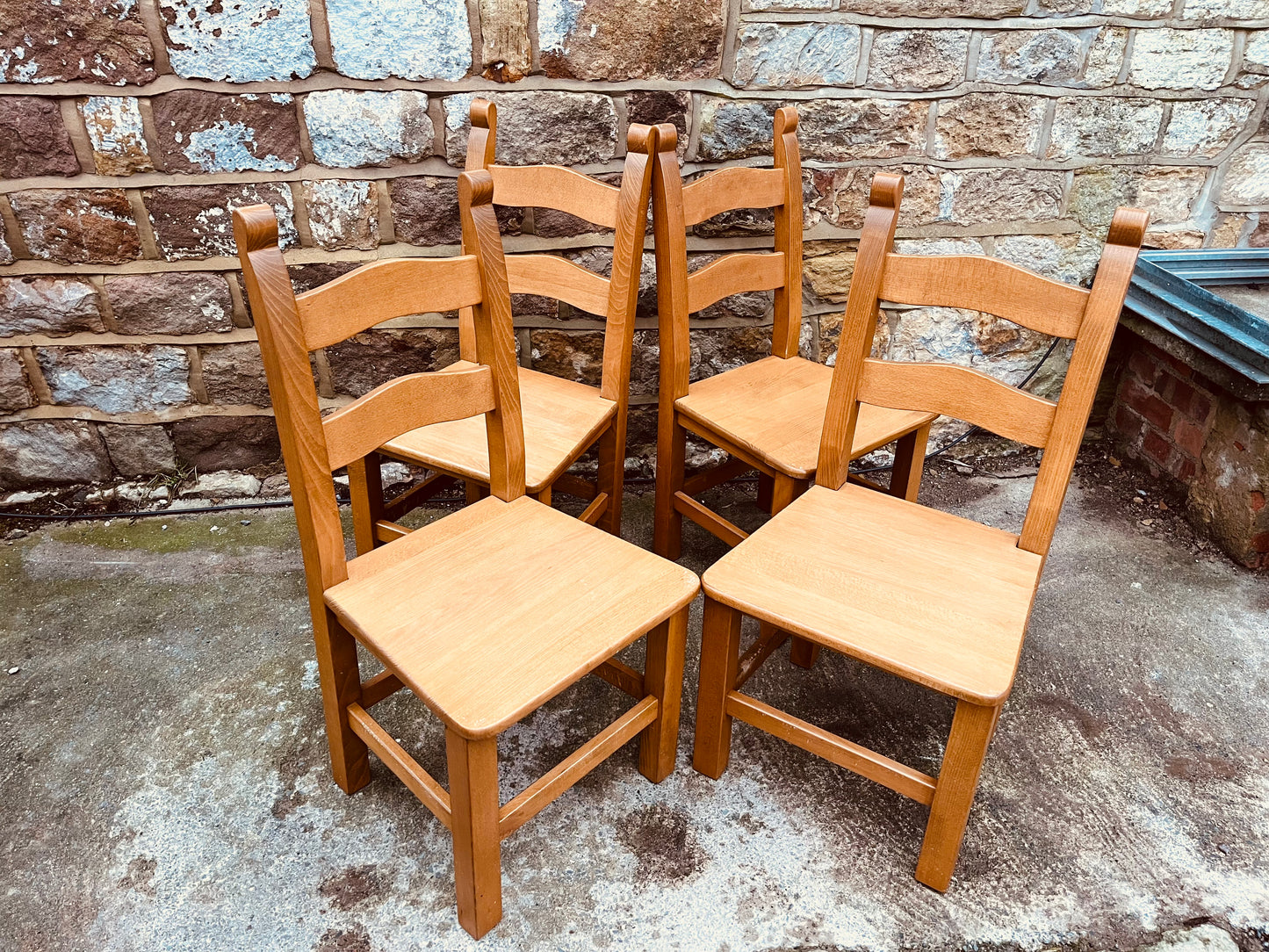 Set of Four Vintage Solid Oak Ladderback Dining Chairs