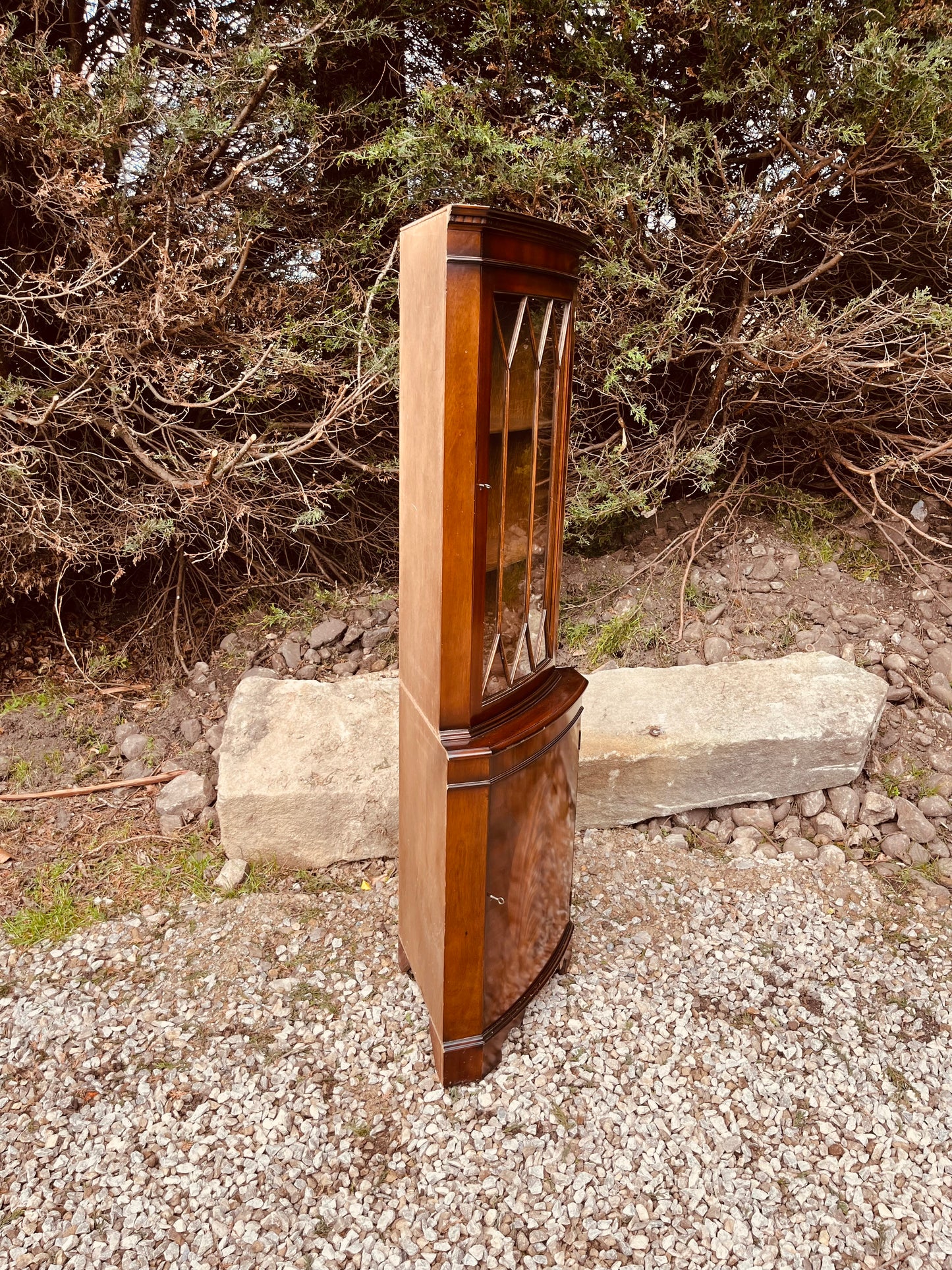 Antique Edwardian Mahogany Corner Display Cabinet with Leaded Glass