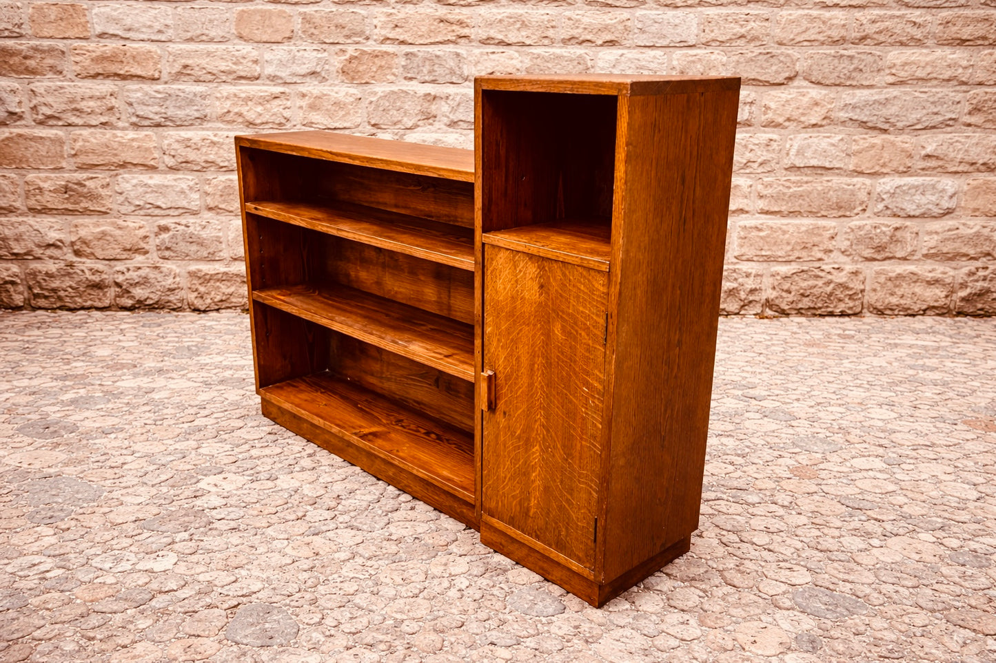 Vintage Oak Asymmetrical Bookcase – Mid Century Shelving Unit with Cupboard