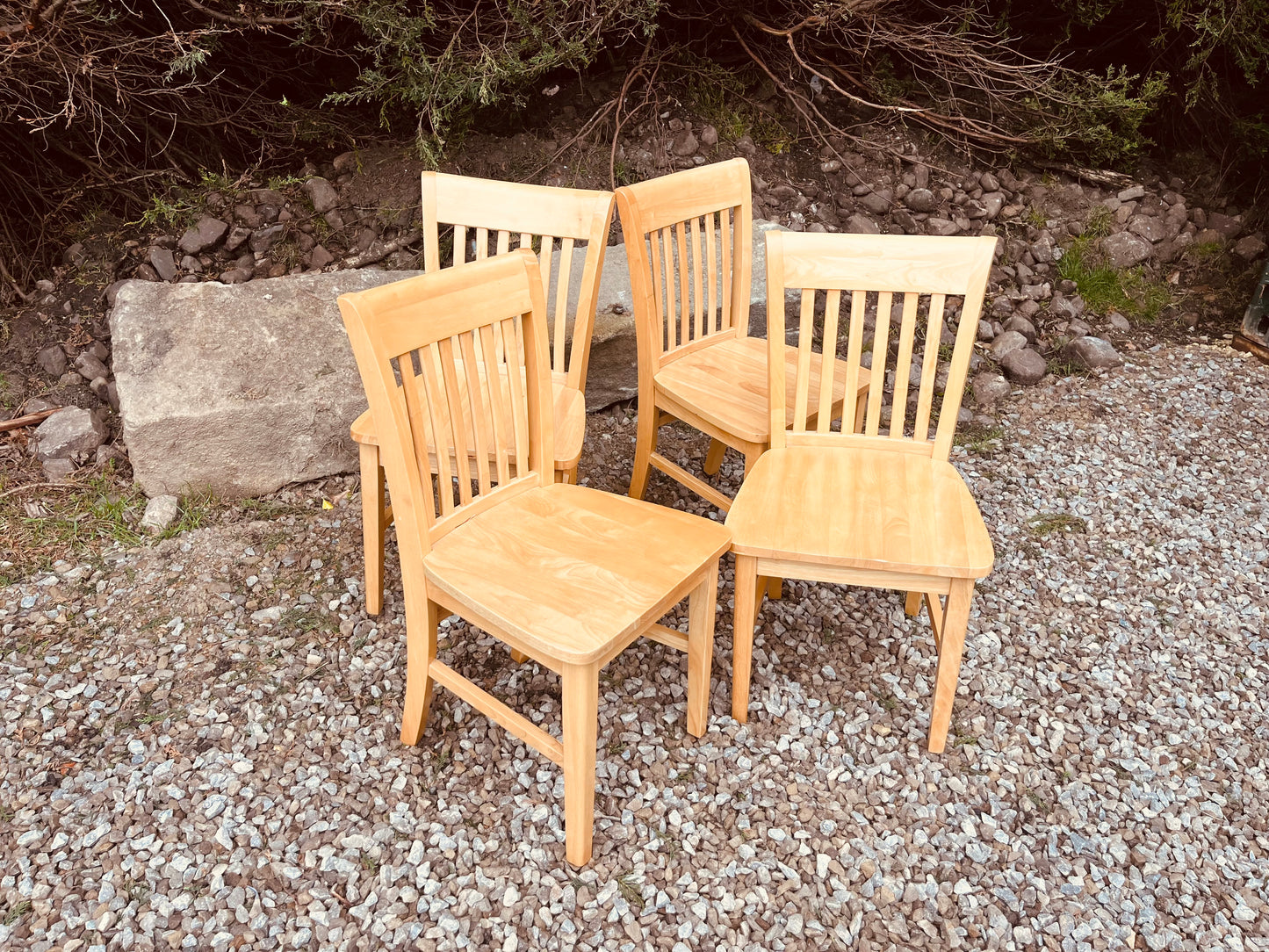Set of Four Solid Wood Farmhouse Dining Chairs – Natural Wood Slat Back Kitchen Chairs