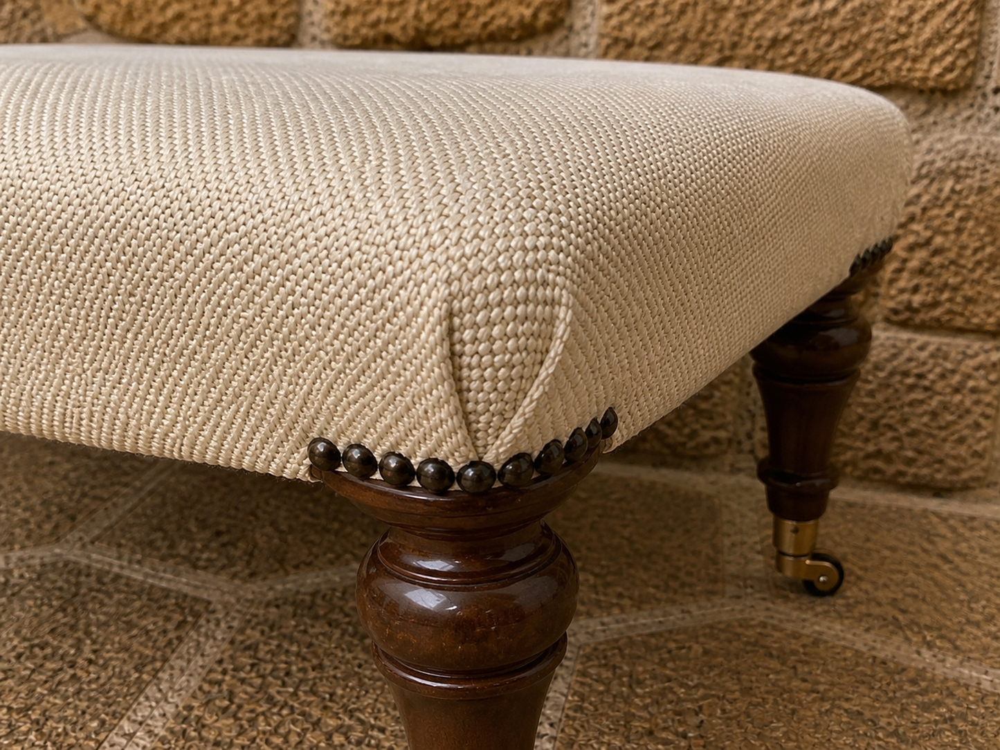 Victorian Upholstered Footstool with Castors – Antique Ottoman Stool, Turned Wood Legs, Neutral Fabric