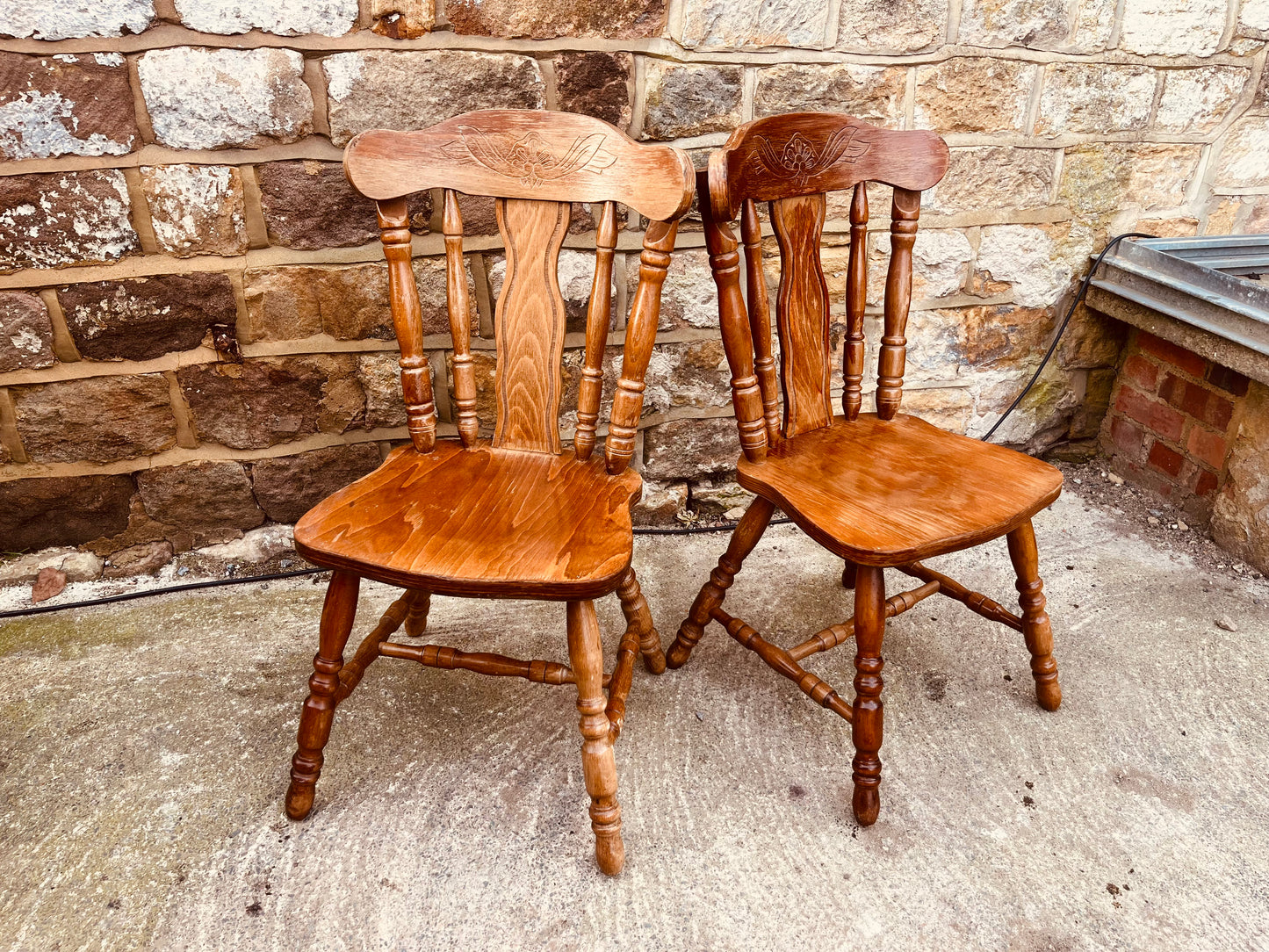Vintage Farmhouse Solid Wood Kitchen Chairs – Pair of Rustic Country Dining Chairs