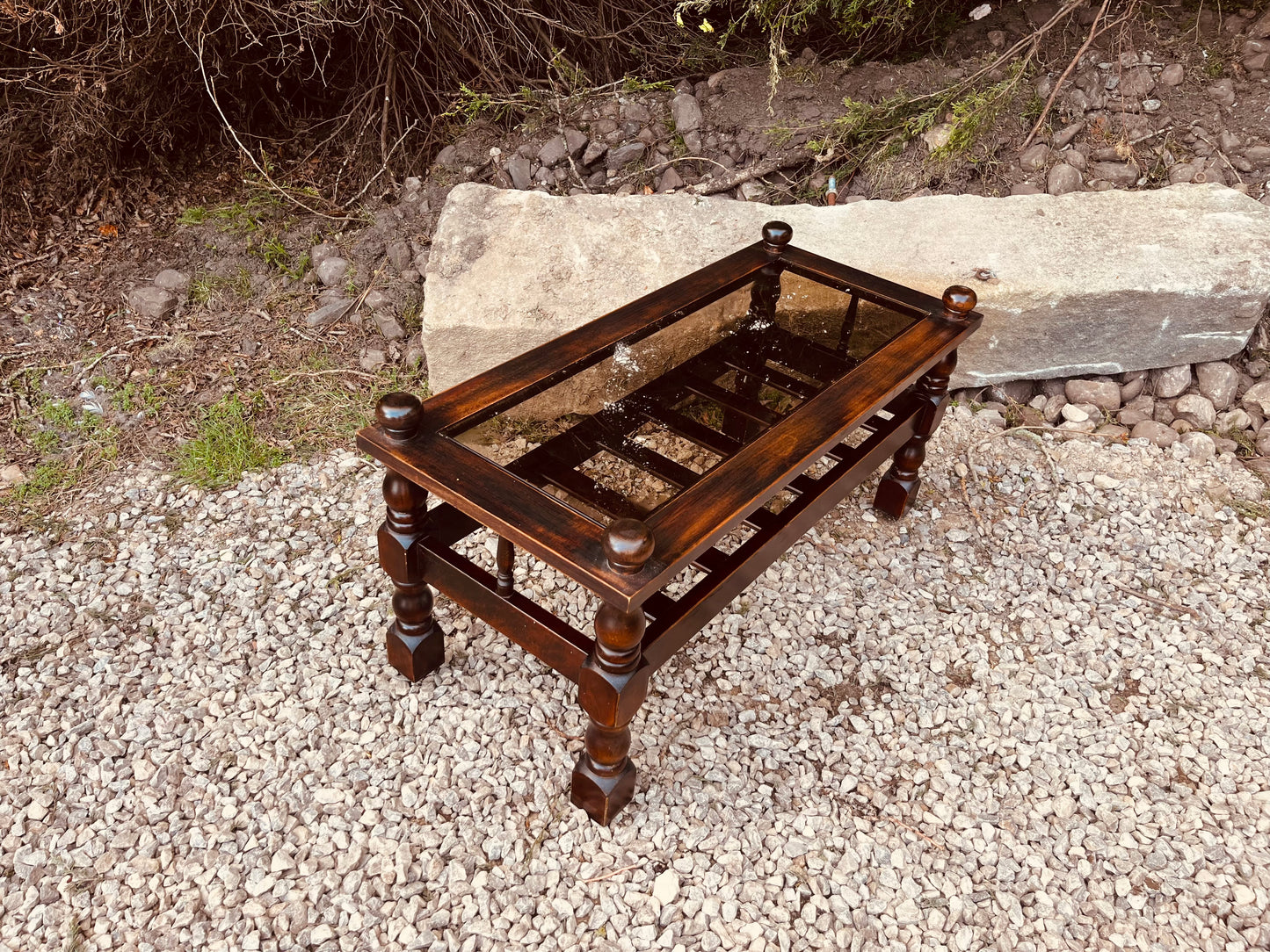 Vintage Mahogany Coffee Table with Glass Top and Shelf