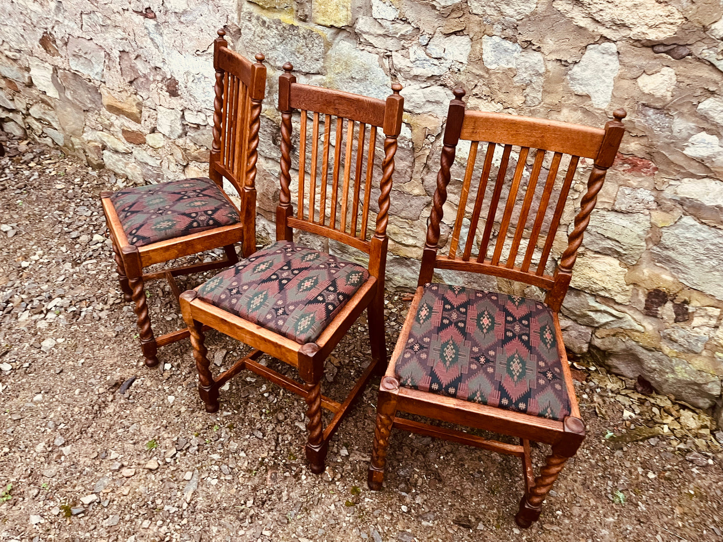 Vintage Dining Chairs – Set of 3 Oak Barley Twist Wooden Upholstered Chairs