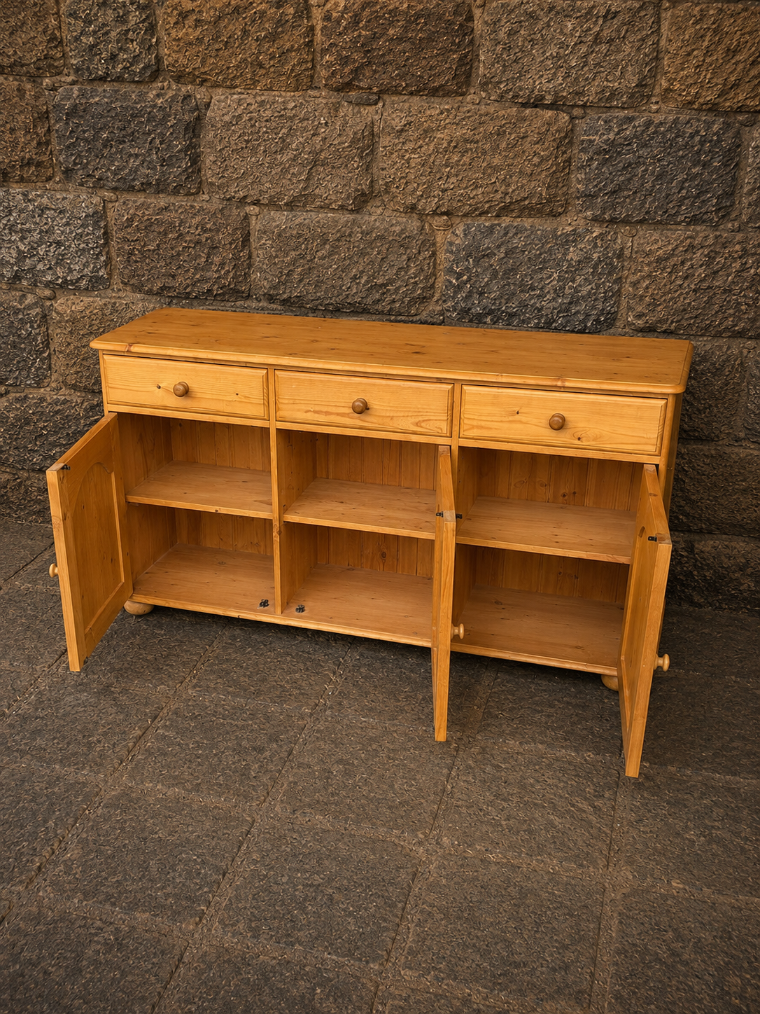 Vintage Rustic Pine Sideboard with Three Drawers & Cupboard Storage