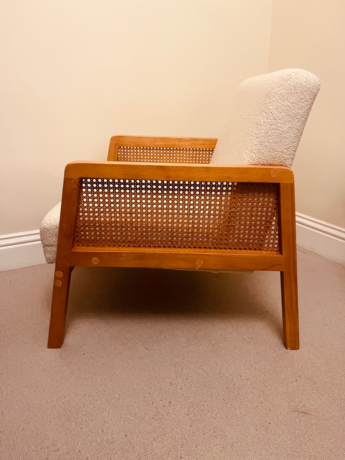 Mid-Century Cane Armchair in Cream Bouclé – Oak Frame Lounge Chair