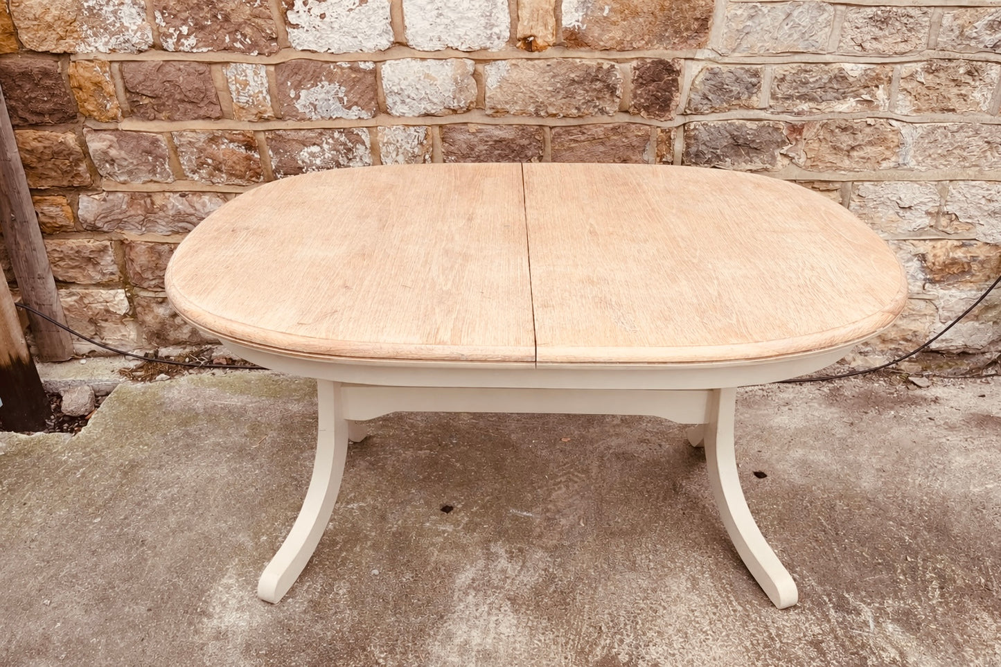 Large Solid Oak Extendable Oval Dining Table with Sanded Natural Top & Painted Base