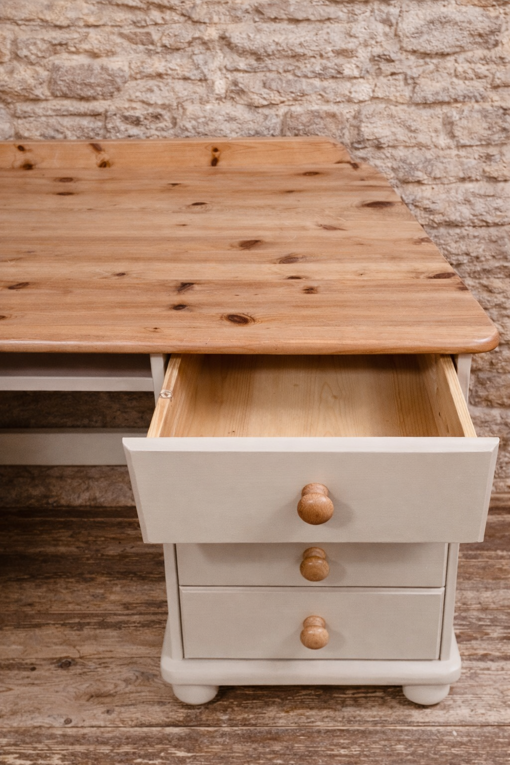 Rustic Pine Desk with Stripped Wood Top & Neutral Painted Base
