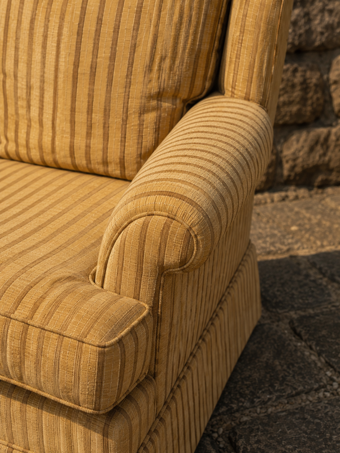 Vintage English Country House Armchair in Golden Stripe Upholstery