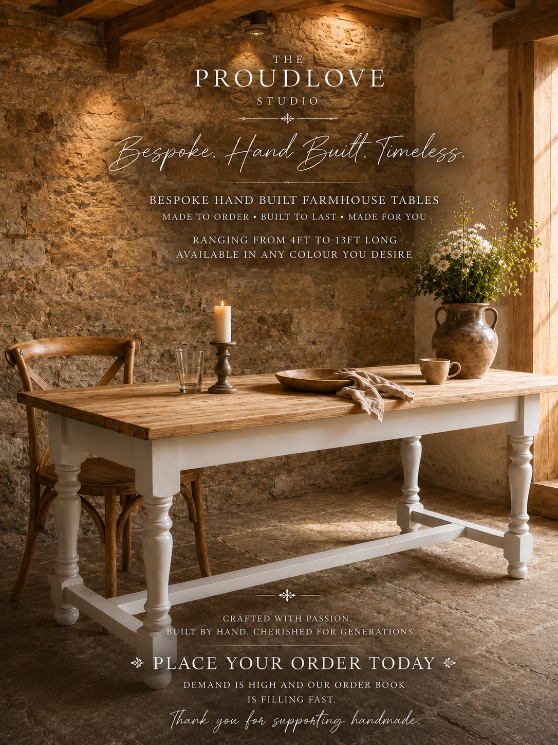 Handmade Bespoke Farmhouse Dining Table | Reclaimed Pine Top | Custom Sizes 4ft–13ft