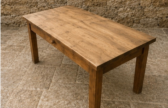 Rustic Farmhouse Pine Dining Table – Vintage Country Kitchen Table With Drawer