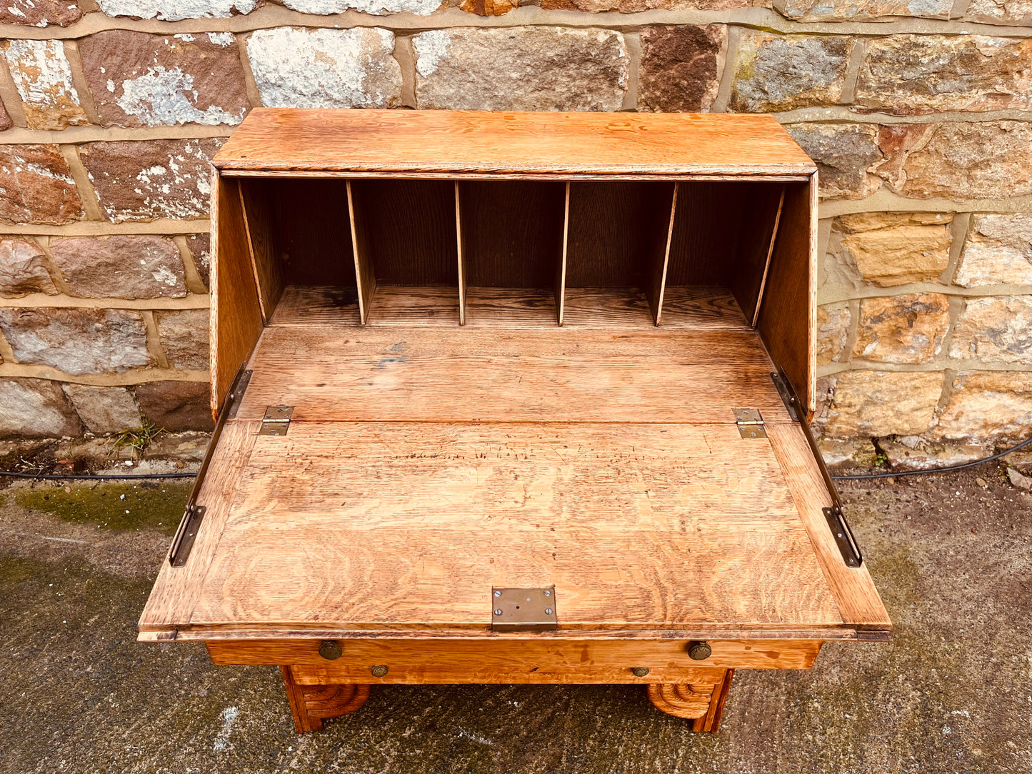 1930s Solid Oak Bureau Writing Desk with Fall Front & Pigeonholes