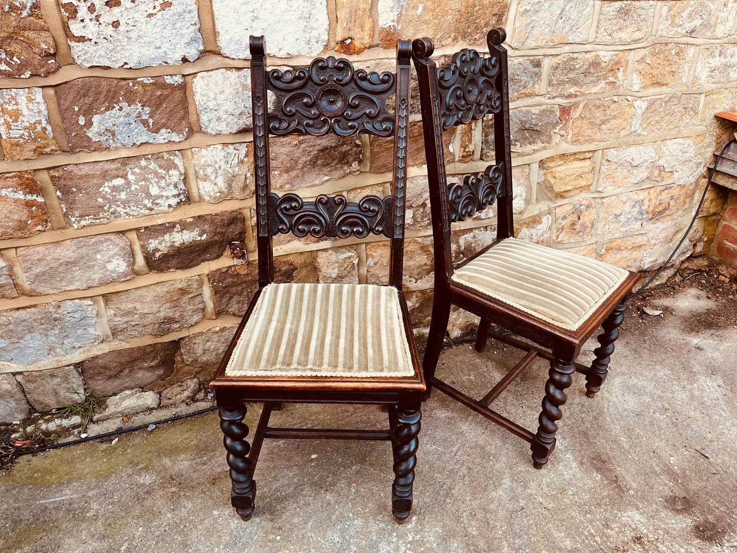 Pair of Antique Carved Dining Chairs – Barley Twist Legs & Ornate Backrest