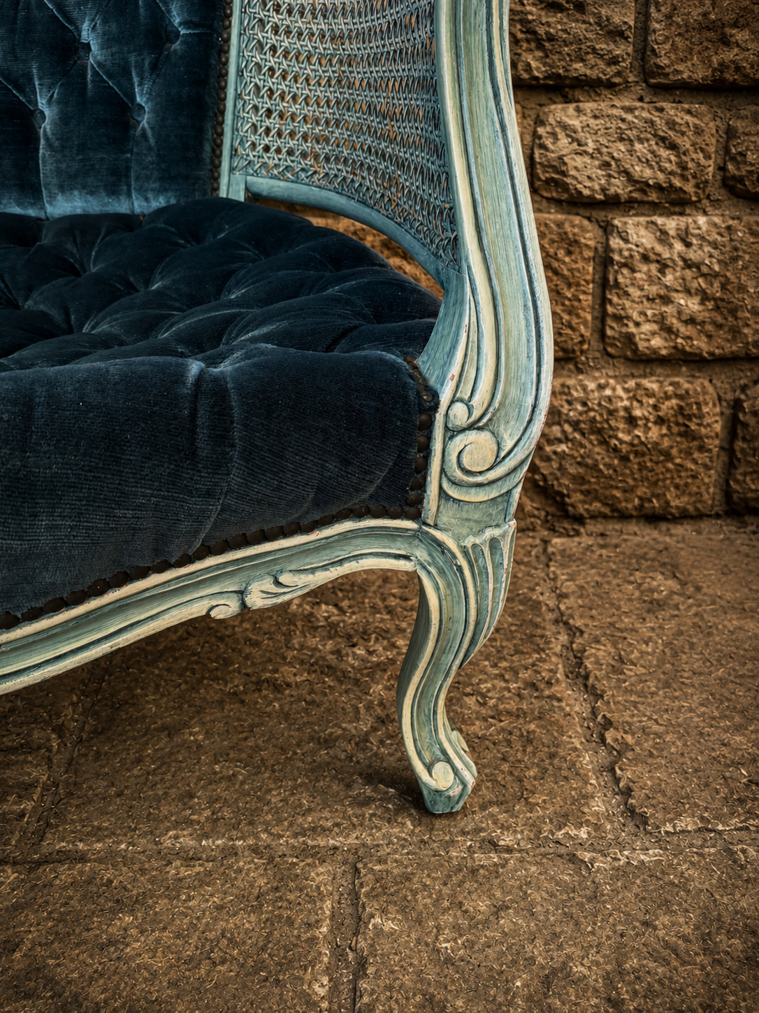 French Louis XV Style Blue Velvet Bergère Armchair