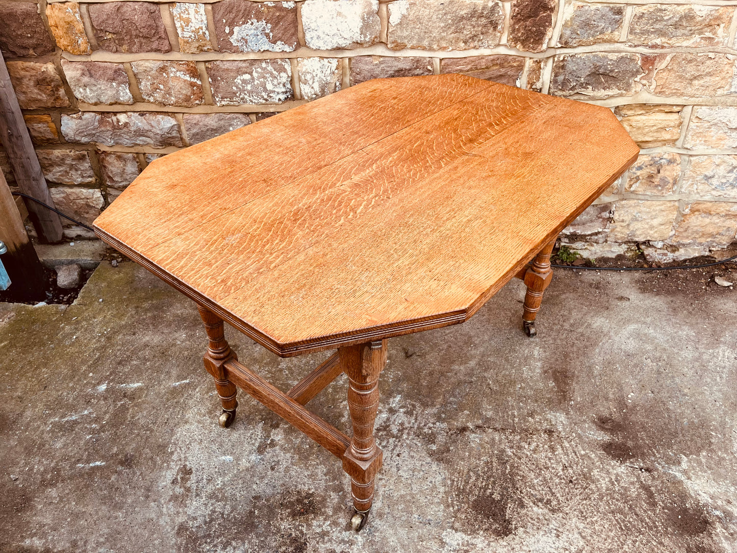 Antique Edwardian Oak Occasional Table – Octagonal Tiger Oak Side Table on Castors
