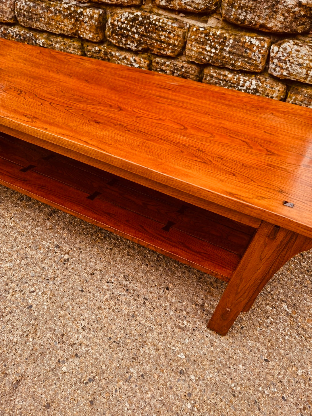 Arts & Crafts Oak Coffee Table – Mission Style with Slatted Sides & Lower Shelf