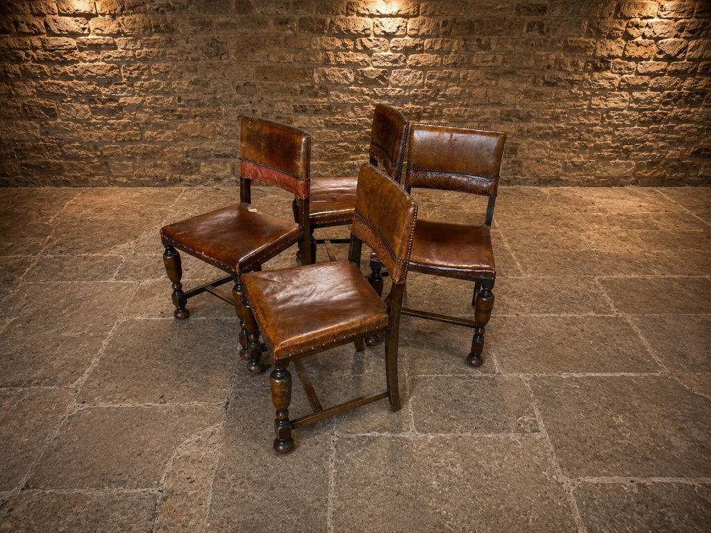 Antique Set of Four Embossed Leather & Oak Dining Chairs | Tudor Revival | Circa 1920s