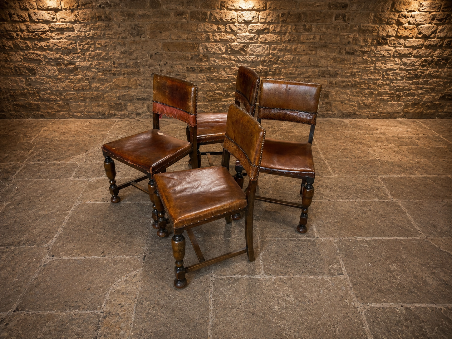 Antique Set of Four Embossed Leather & Oak Dining Chairs | Tudor Revival | Circa 1920s